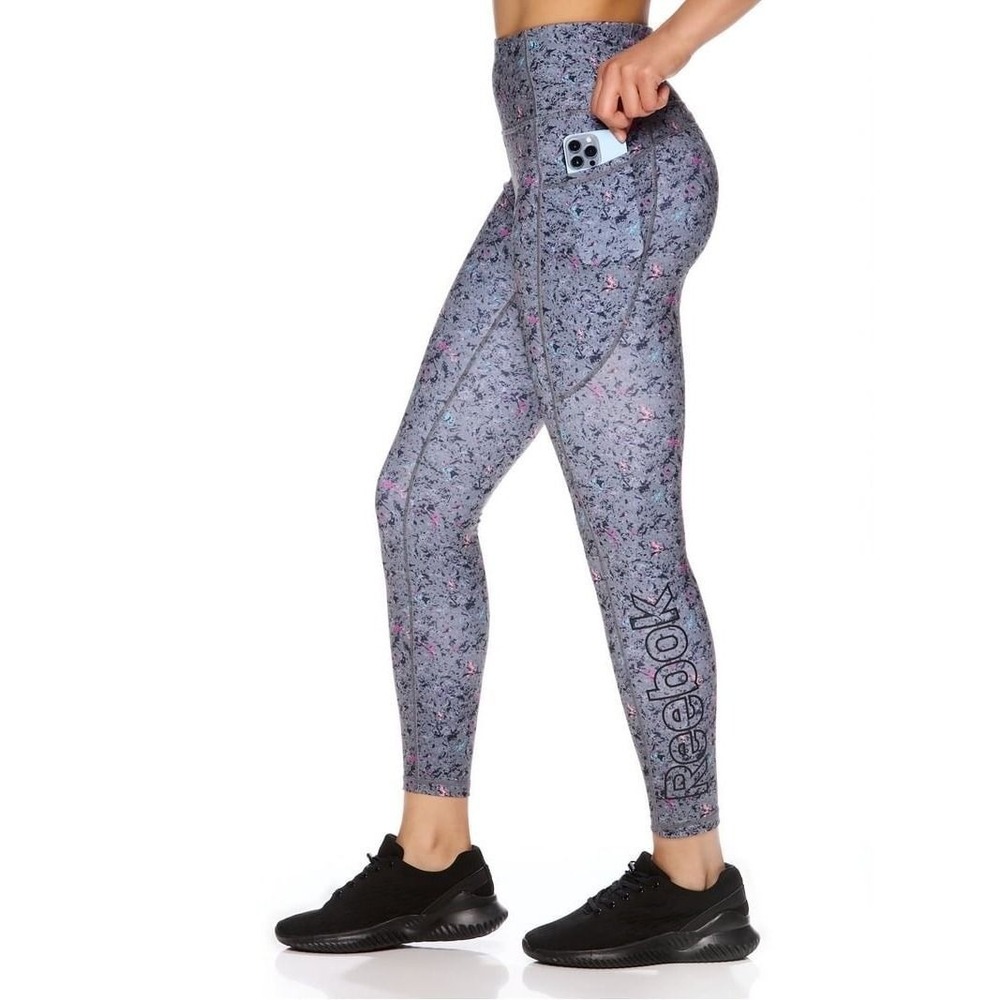 Reebok Women's High Rise 7/8 Printed Leggings Gray Activewear Side Pockets L